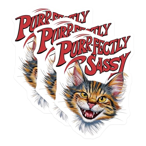 (3 Pack) Sassy Cat Decals - Purrfectly Funny Cat - Grumpy Feline Laptop Decals - 3 Inches On Longest Side - Easy Peel & Apply - Made in USA - 3MCS2733