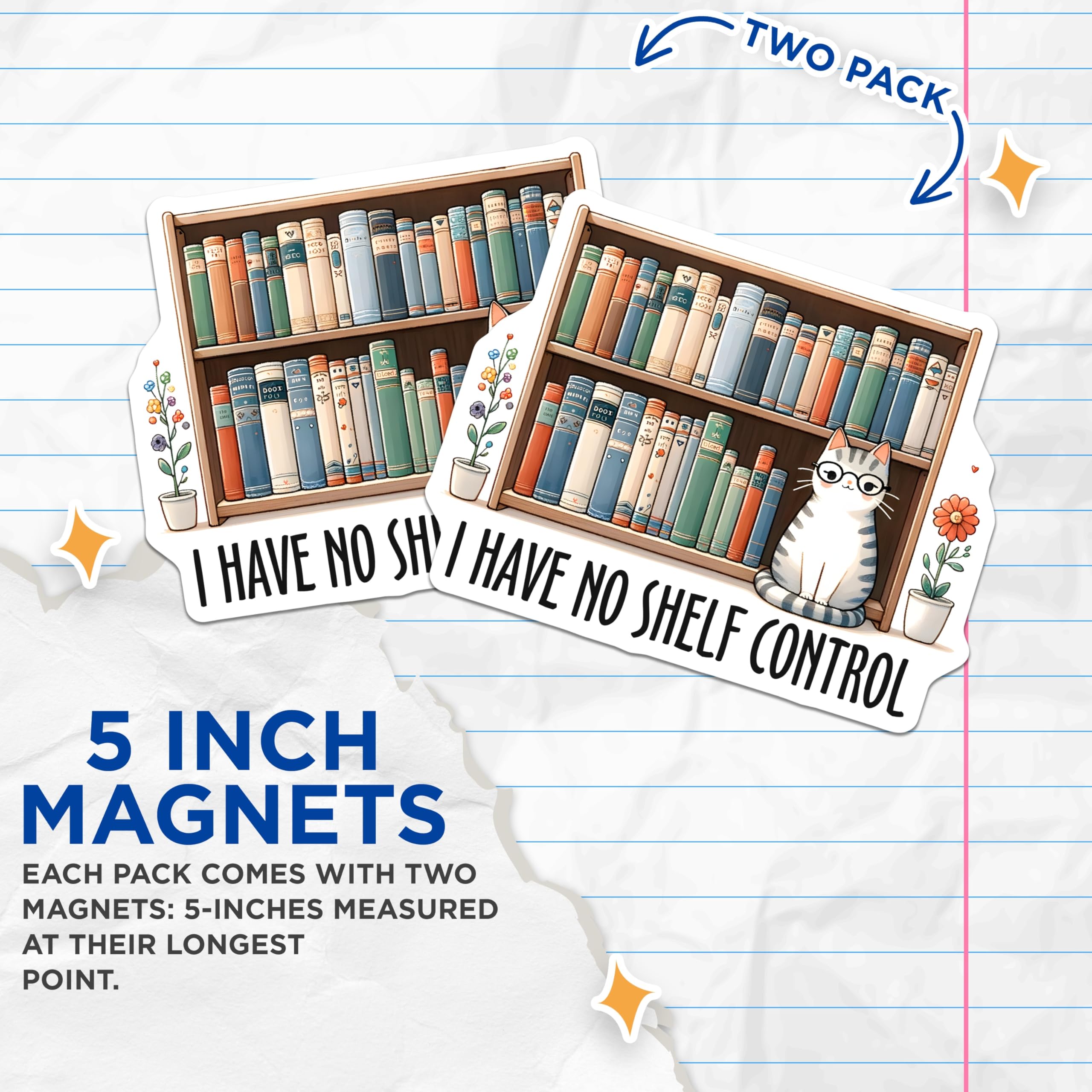 (2 Pack) Funny Cat Magnets - Book Lover Decor - Shelf Control Humor - 5" On Longest Side - Premium Magnet - for Cars, Refrigerators, Toolboxes, Lockers - Made in USA - MAG15577
