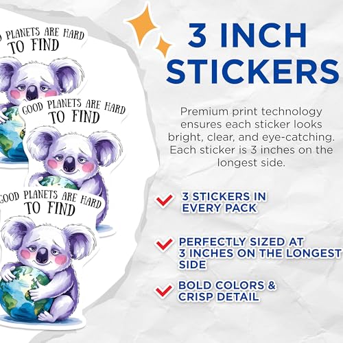 (3 Pack) Koala Planet Decals - Good Planets - Earth Hugging - 3 Inches On Longest Side - Easy Peel & Apply - Made in USA - 3MCS7211