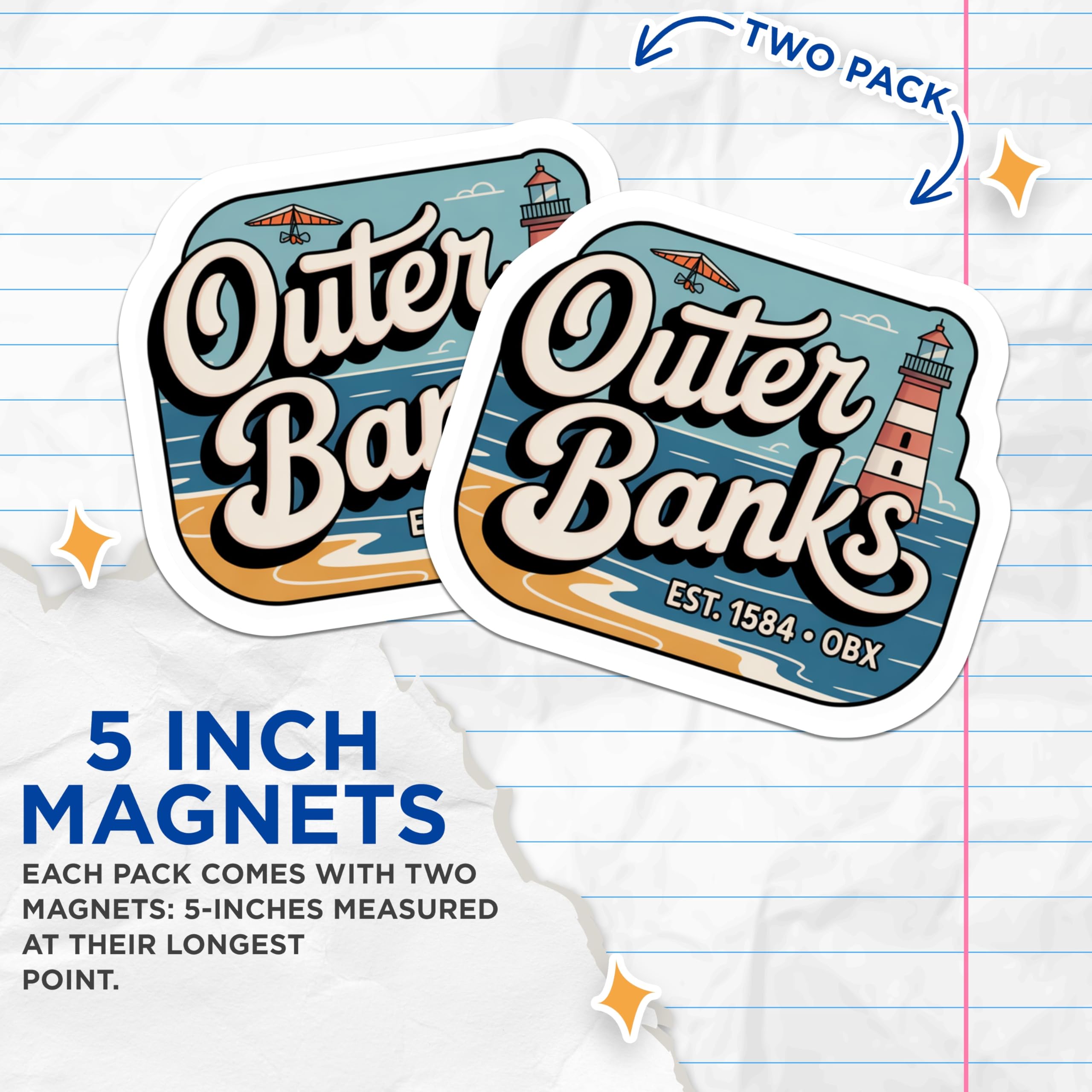 (2 Pack) Outer Banks Magnets - OBX Lighthouse - Hang Glider Decor - 5" On Longest Side - Premium Magnet - for Cars, Refrigerators, Toolboxes, Lockers - Made in USA - MAG17456