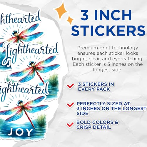 (3 Pack) Dragonfly Decals - Lighthearted Joy - Laptop Decals - 3 Inches On Longest Side - Easy Peel & Apply - Made in USA - 3MCS1514