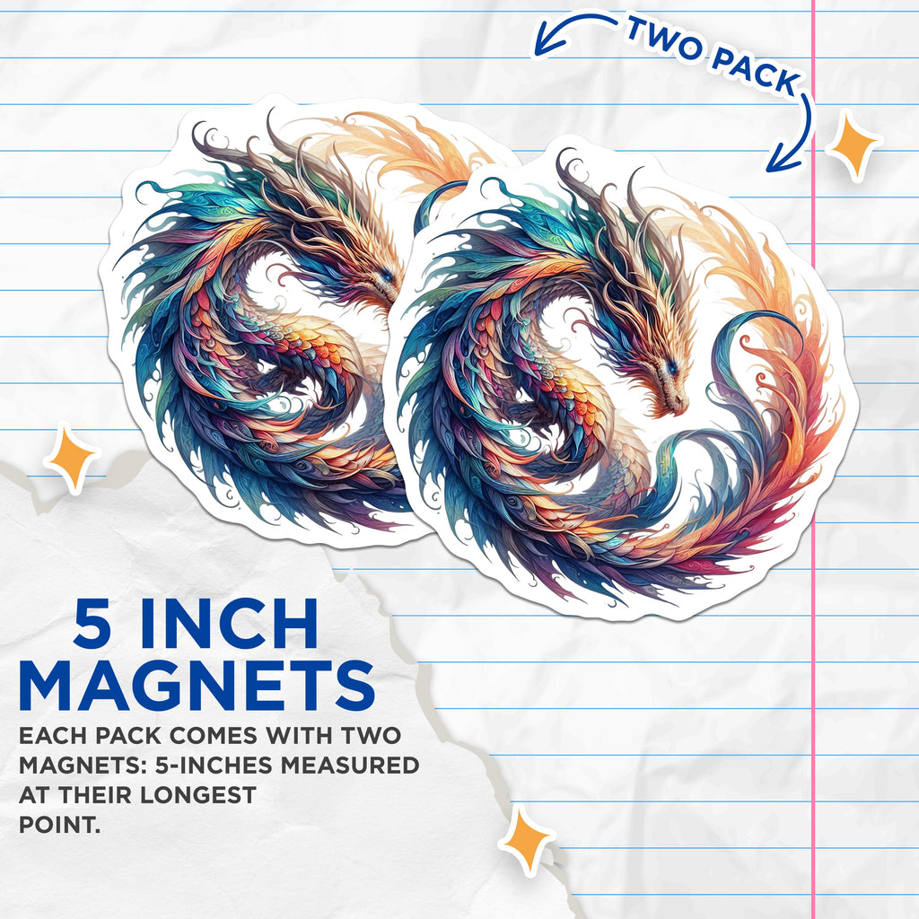 (2 Pack) Colorful Dragon Magnets - Fantasy Mythical Creature Decor - Majestic Spirit Beast Art - 5 Inches On Longest Side - Thick Durable Magnet - Made in USA - MAG37419