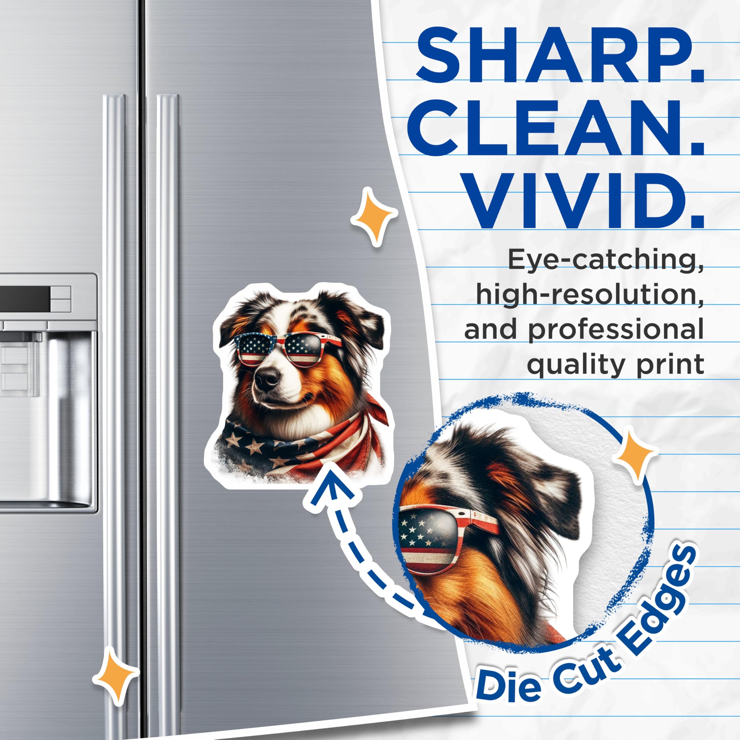 (2 Pack) Australian Shepherd Magnets - Patriotic Dog Decor - USA Flag Glasses - 5" On Longest Side - Premium Magnet - for Cars, Refrigerators, Toolboxes, Lockers - Made in USA - MAG15782