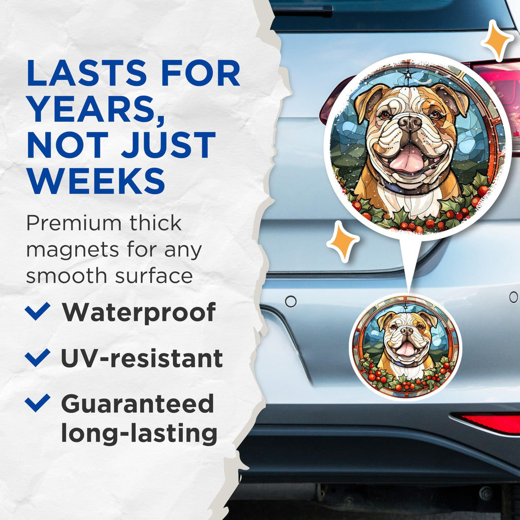 (2 Pack) Bulldog Stained Glass Magnets - Christmas Dog Lover Refrigerator Decor - Winter Holiday Pet Art - 5 Inches On Longest Side - Thick Durable Magnet - Made in USA - MAG30771