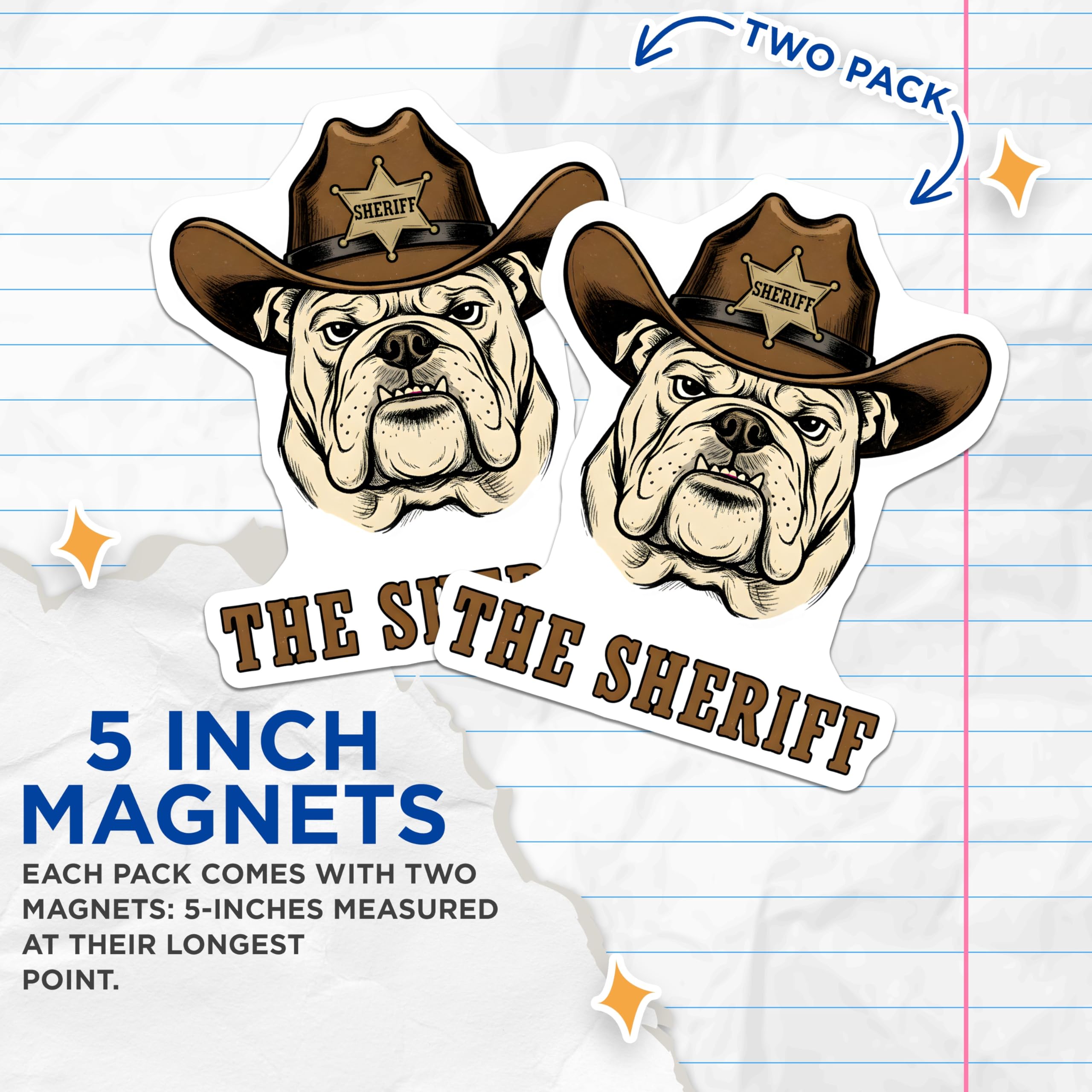 (2 Pack) Bulldog Sheriff Magnets - Cowboy Dog Decor - Western Refrigerator Magnets - 5" On Longest Side - Premium Magnet - for Cars, Refrigerators, Toolboxes, Lockers - Made in USA - MAG14517