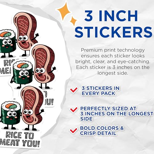 (3 Pack) Sushi and Steak Decals - Funny Food Puns - Cute Food Decals - 3 Inches On Longest Side - Easy Peel & Apply - Made in USA - 3MCS6405
