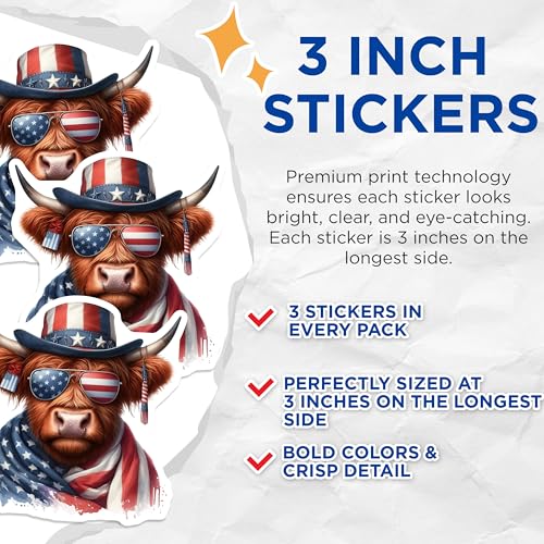 (3 Pack) Highland Cow Decals - Patriotic Bull - USA Flag - Laptop Decals- 3 Inches On Longest Side - Easy Peel & Apply - Made in USA - 3MCS5137