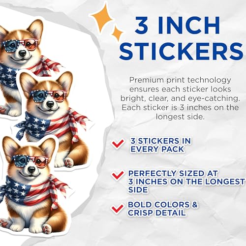 (3 Pack) Patriotic Corgi Decals - USA Flag Dog - Laptop Decals- 3 Inches On Longest Side - Easy Peel & Apply - Made in USA - 3MCS5275