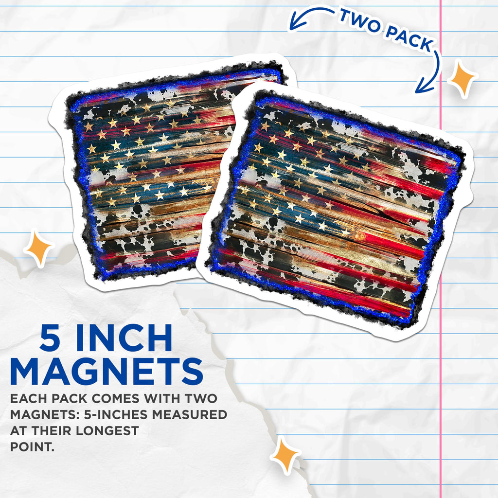 (2 Pack) Rustic American Flag Magnets - Cowhide Patriot Decor - 4th of July Truck Accessories - 5 Inches On Longest Side - Thick Durable Magnet - Made in USA - MAG28990