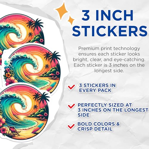 (3 Pack) Tropical Beach Decals - Surfboard Laptop Sticker - Beach Wave Stickers- 3 Inches On Longest Side - Easy Peel & Apply - Made in USA - 3MCS5984