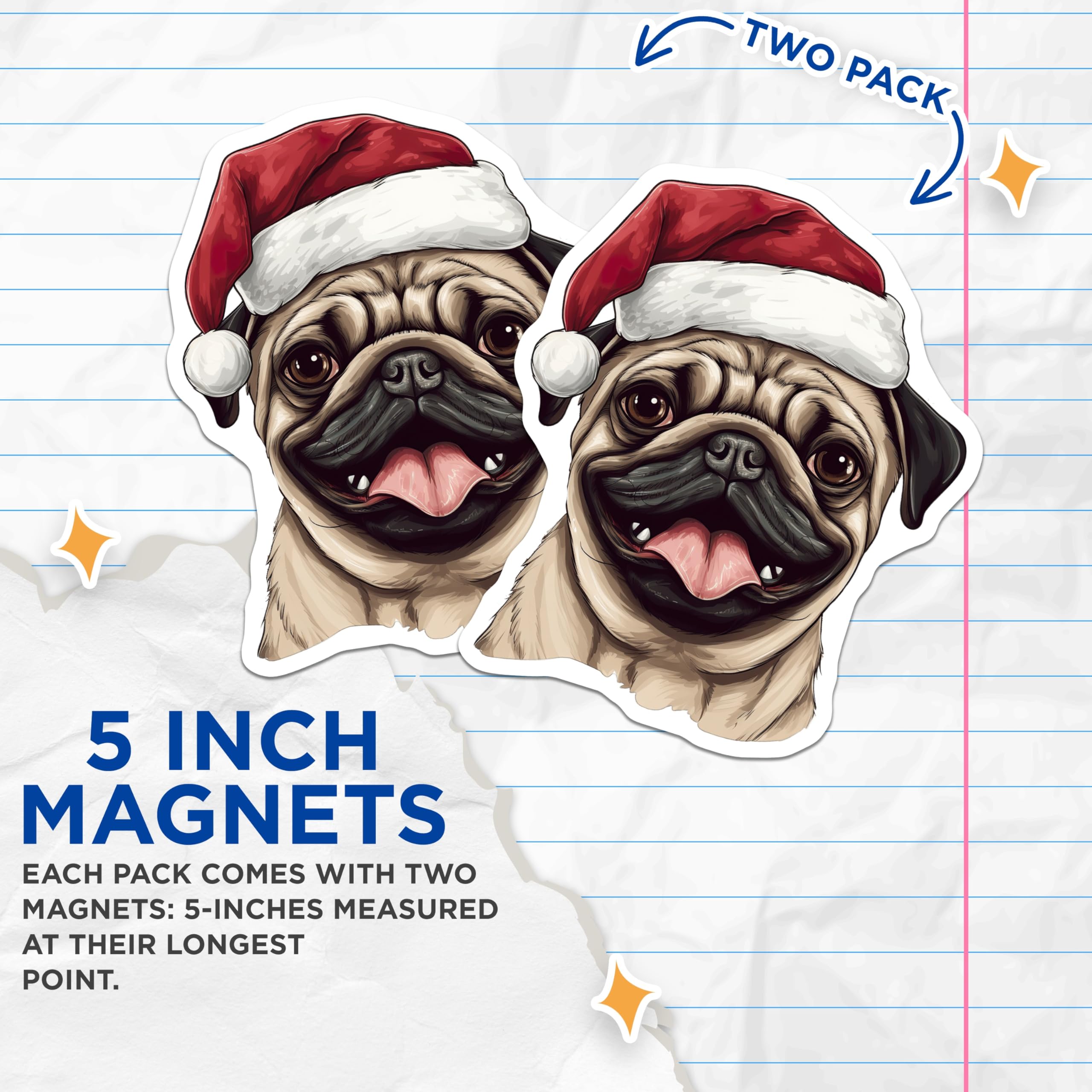 (2 Pack) Christmas Pug Magnets - Festive Dog Lover Decor - Holiday Refrigerator Magnets - 5 Inches On Longest Side - Thick Durable Magnet - Made in USA - MAG27483
