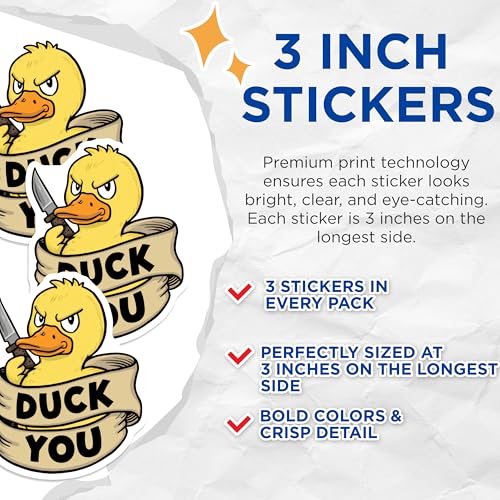 (3 Pack) Duck You Decals - Funny Duck with Knife - Sarcastic Angry Duck Decals - 3 Inches On Longest Side - Easy Peel & Apply - Made in USA - 3MCS8288