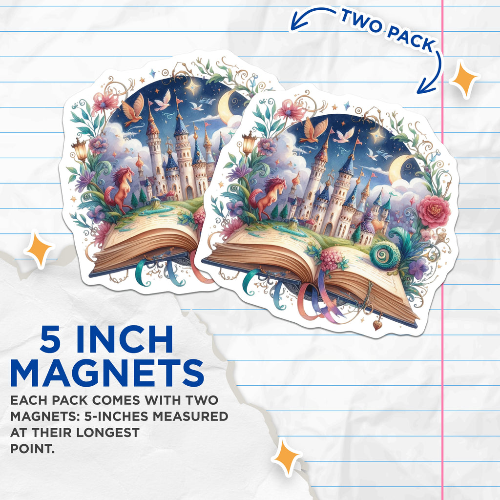 (2 Pack) Fairytale Storybook Magnets - Enchanted Castle Decor - Magical Book Lover Item - 5 Inches On Longest Side - Thick Durable Magnet - Made in USA - MAG37446
