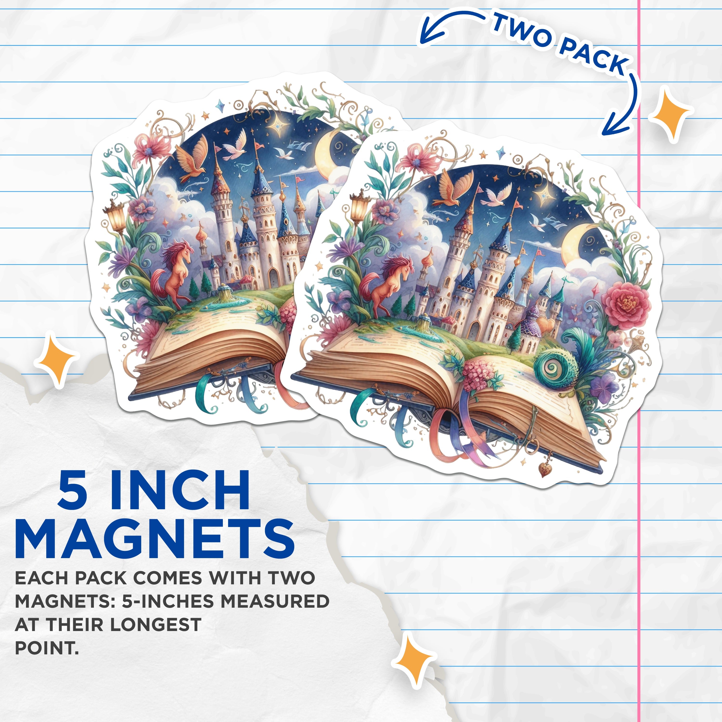 (2 Pack) Fairytale Storybook Magnets - Enchanted Castle Decor - Magical Book Lover Item - 5 Inches On Longest Side - Thick Durable Magnet - Made in USA - MAG37446