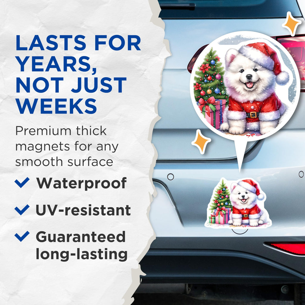 (2 Pack) Christmas Dog Magnets - Santa Puppy Samoyed Decor - Holiday Pet Lover Refrigerator Magnets - 5 Inches On Longest Side - Thick Durable Magnet - Made in USA - MAG27712