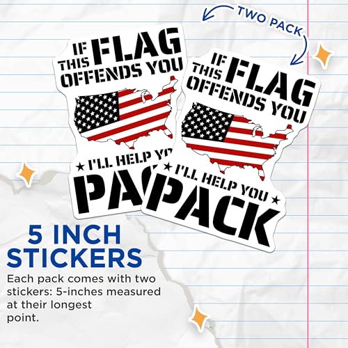 (2 Pack) Flag Offends You Stickers - American Flag - Patriotic Quote - 5" On Longest Side - Sticks to Smooth Flat Surfaces - Made in USA - BMCS5739