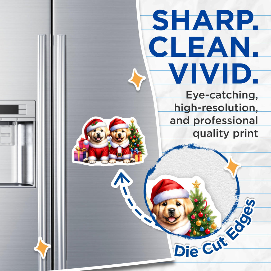 (2 Pack) Charming Christmas Puppies Magnets - Santa Golden Retriever Holiday Decor - Adorable Winter Fridge Embellishment - 5 Inches On Longest Side - Thick Durable Magnet - Made in USA - MAG23413