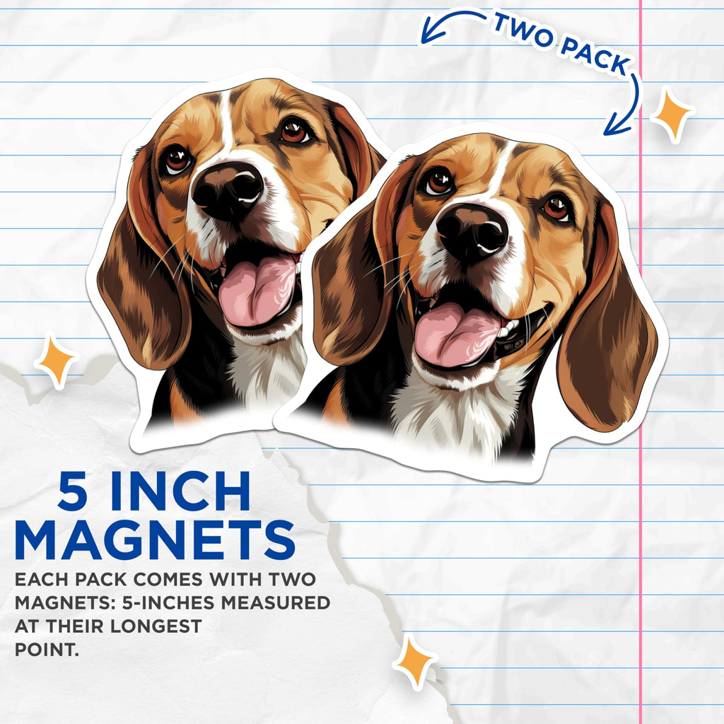(2 Pack) Beagle Dog Magnets - Happy Puppy Fridge Decor - Animal Lover Kitchen Accent - Dog Breed Refrigerator Art - 5 Inches On Longest Side - Thick Durable Magnet - Made in USA - MAG30843