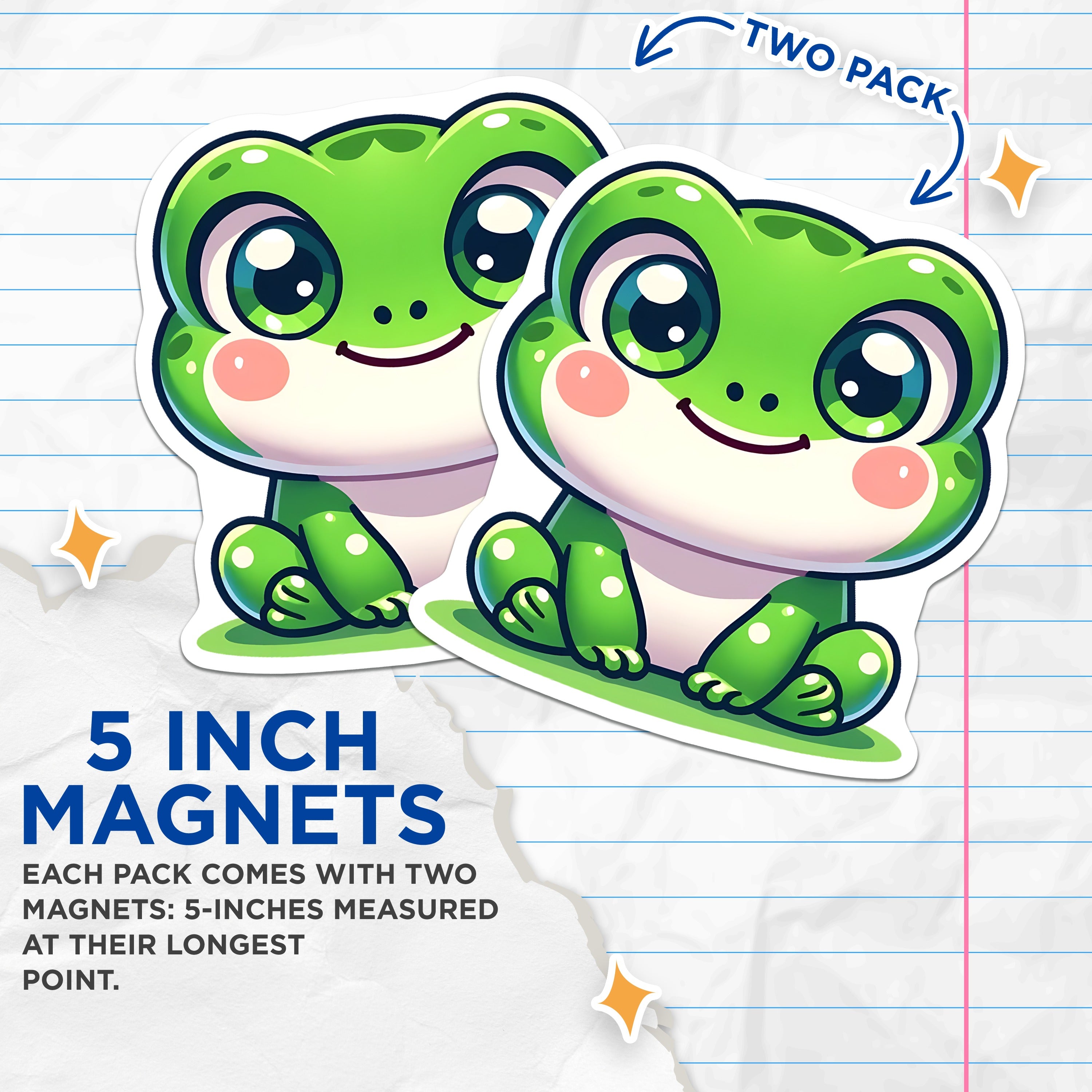(2 Pack) Cute Chibi Frog Magnets - Kawaii Animal Decor - Whimsical Fridge Locker Magnets - 5 Inches On Longest Side - Thick Durable Magnet - Made in USA - MAG39032