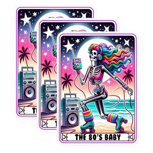 (3 Pack) 80s Baby Skeleton Decals - Roller Skate Skeleton - Rainbow Hair Stickers - 3 Inches On Longest Side - Easy Peel & Apply - Made in USA - 3MCS1406