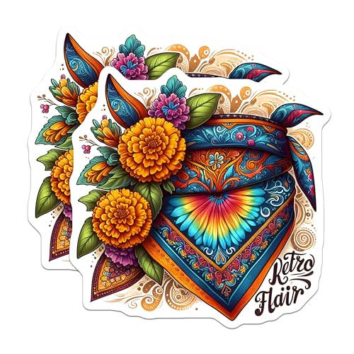 (2 Pack) Retro Bandana Stickers - Floral Art - Colorful Vintage Design - 5" On Longest Side - Sticks to Smooth Flat Surfaces - Made in USA - BMCS8848