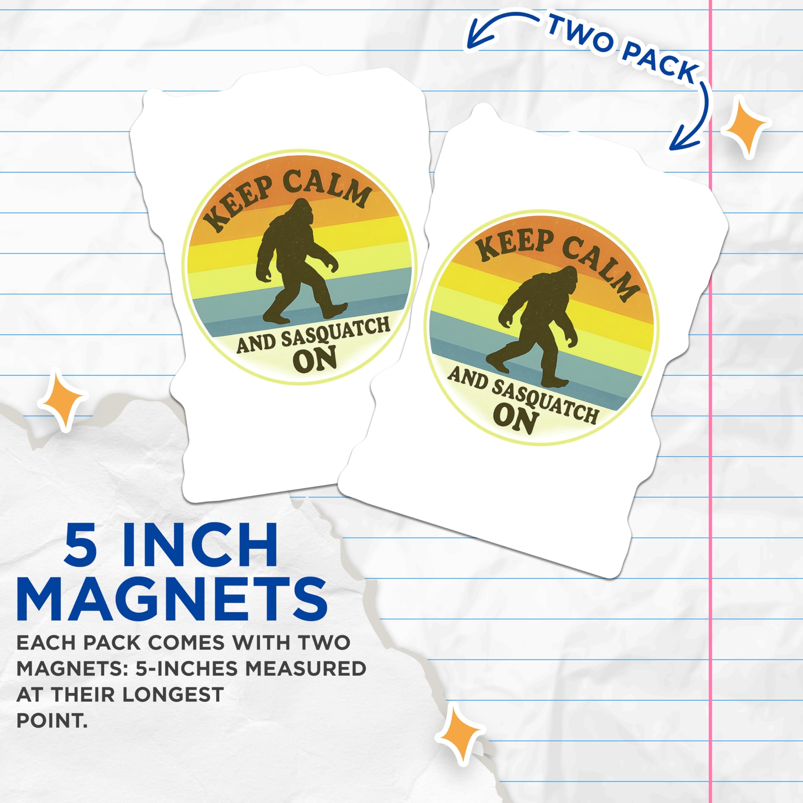 (2 Pack) Sasquatch Magnets - Keep Calm Bigfoot Decor - Funny Cryptid Hunter Accessory - Retro Sunset Wilderness Art - 5 Inches On Longest Side - Thick Durable Magnet - Made in USA - MAG22128