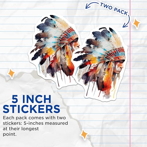 (2 Pack) Watercolor Native American Stickers - Feather Headdress Art - Tribal Culture Artwork - 5" On Longest Side - Sticks to Smooth Flat Surfaces - Made in USA - BMCS9017
