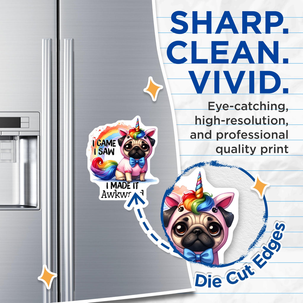(2 Pack) Unicorn Pug Magnets - Rainbow Funny Pug - I Came I Saw Awkward Magnets - 5" On Longest Side - Premium Magnet - for Cars, Refrigerators, Toolboxes, Lockers - Made in USA - MAG16641