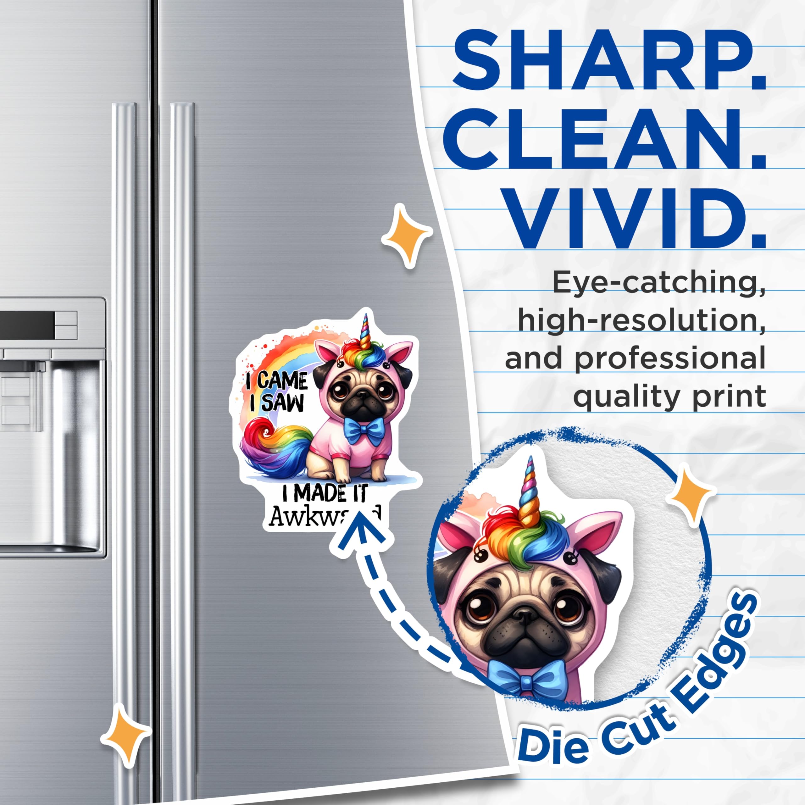 (2 Pack) Unicorn Pug Magnets - Rainbow Funny Pug - I Came I Saw Awkward Magnets - 5" On Longest Side - Premium Magnet - for Cars, Refrigerators, Toolboxes, Lockers - Made in USA - MAG16641
