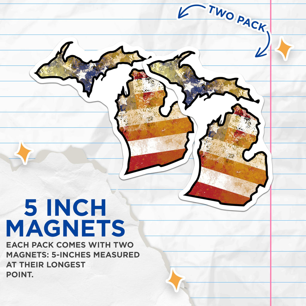 (2 Pack) Michigan State Magnets - Distressed American Flag Design - Patriotic US Decor - Great Lakes State Pride Magnet - 5 Inches On Longest Side - Thick Durable Magnet - Made in USA - MAG19252