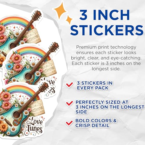 (3 Pack) Guitar Rainbow Decals - Musical Instrument Stickers - Love Tunes Decor - 3 Inches On Longest Side - Easy Peel & Apply - Made in USA - 3MCS7614