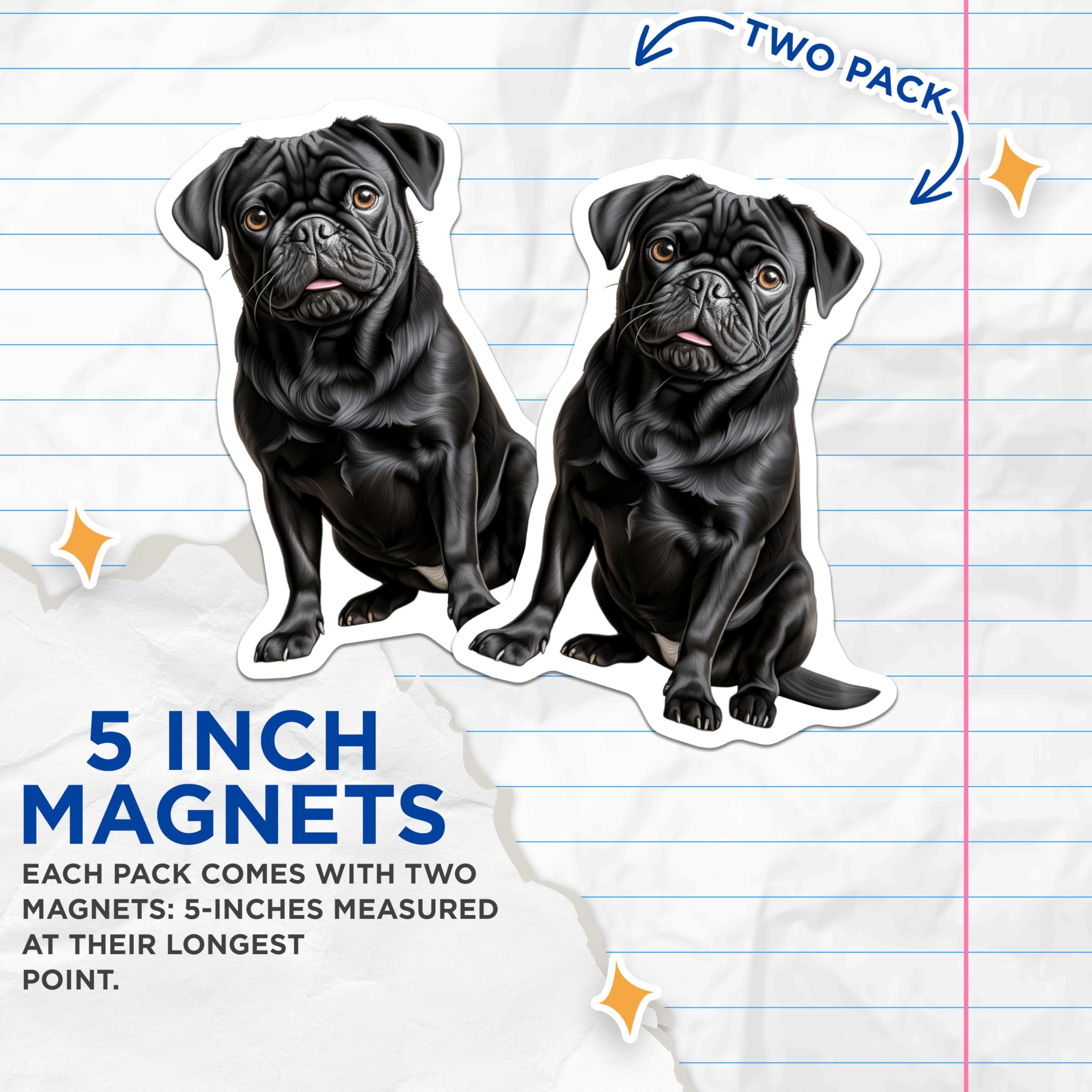 (2 Pack) Black Pug Refrigerator Magnets - Wrinkled Dog Breed Art - Pet Lover Kitchen Decor - 5 Inches On Longest Side - Thick Durable Magnet - Made in USA - MAG24905