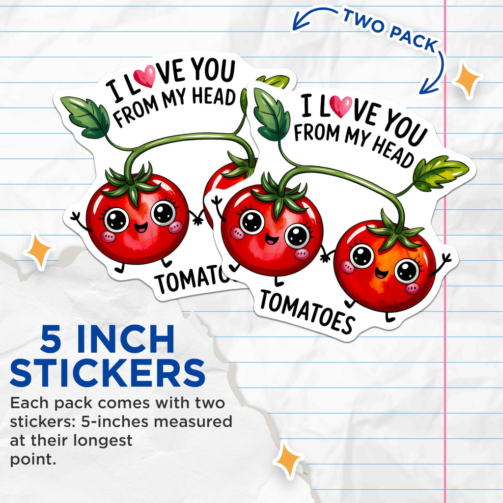 (2 Pack) Tomato Stickers - Funny Food Stickers - Cute Tomato Art - 5" On Longest Side - Sticks to Smooth Flat Surfaces - Made in USA - BMCS15445