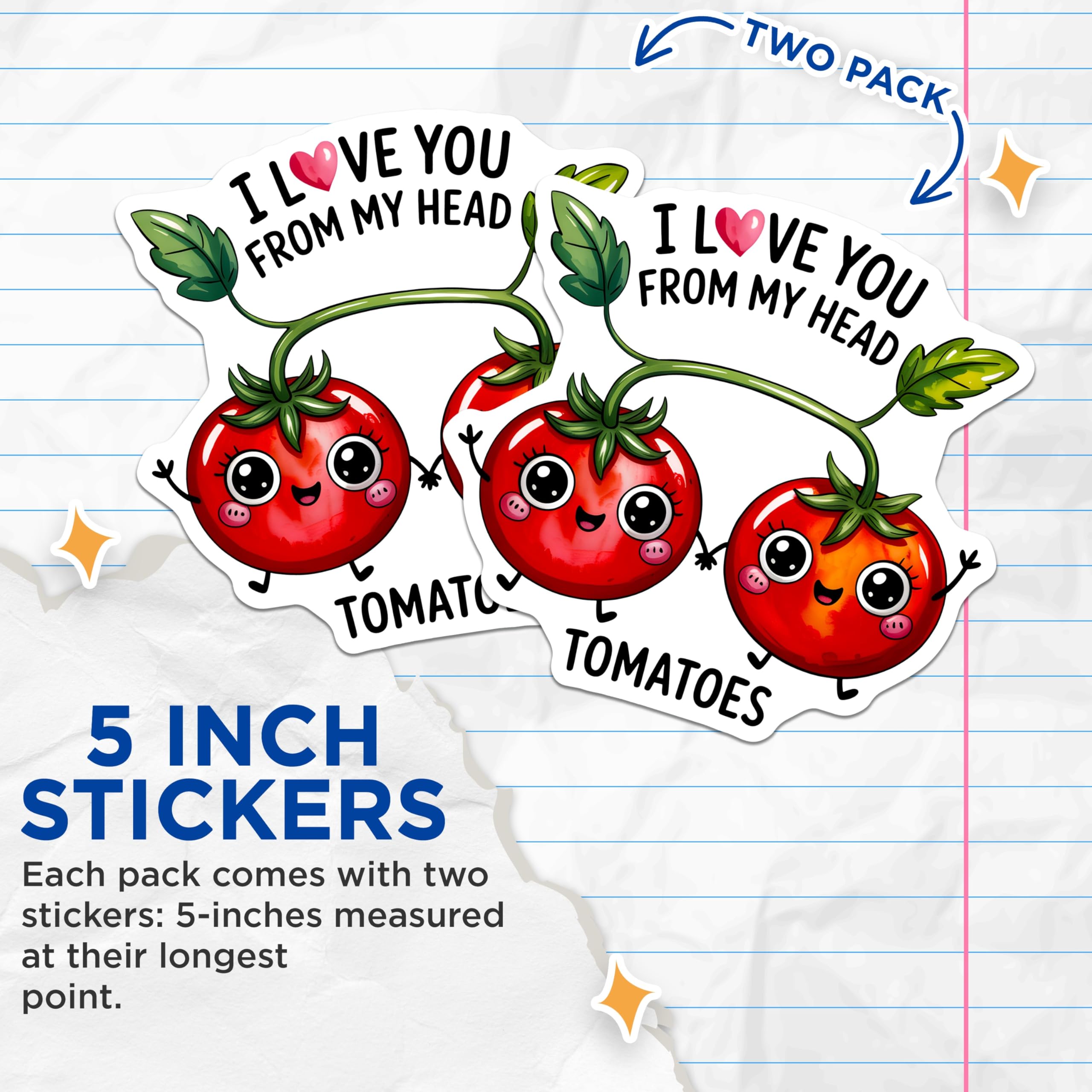 (2 Pack) Tomato Stickers - Funny Food Stickers - Cute Tomato Art - 5" On Longest Side - Sticks to Smooth Flat Surfaces - Made in USA - BMCS15445