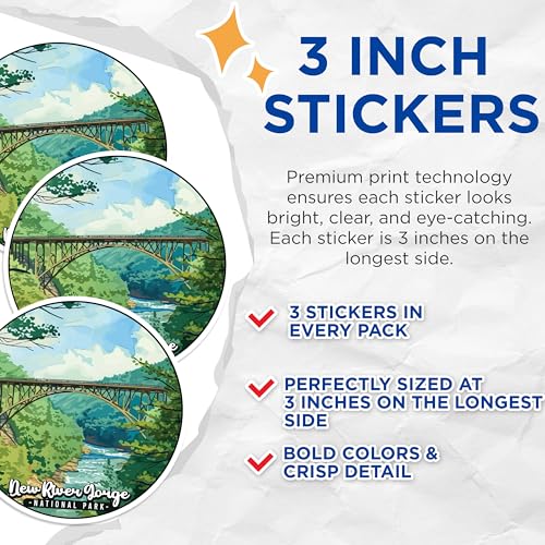 (3 Pack) New River Gorge Decals - National Park Stickers - Laptop Decal - 3 Inches On Longest Side - Easy Peel & Apply - Made in USA - 3MCS0503