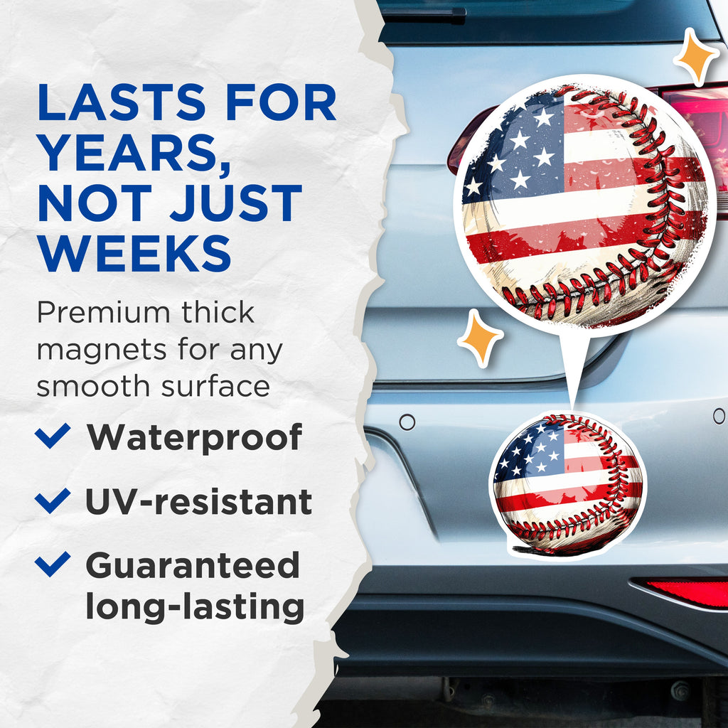 (2 Pack) American Flag Baseball Magnets - Patriotic Sports Memorabilia - USA Pride Fan Decor - 5 Inches On Longest Side - Thick Durable Magnet - Made in USA - MAG38695
