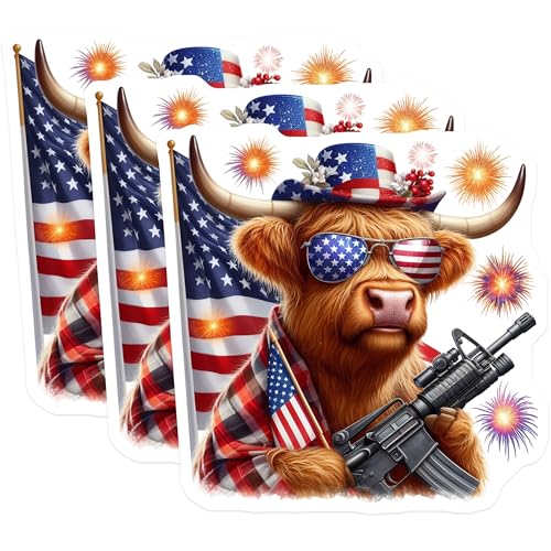 (3 Pack) Patriotic Highland Cow Decals - American Flag - Independence Day Decals- 3 Inches On Longest Side - Easy Peel & Apply - Made in USA - 3MCS5126