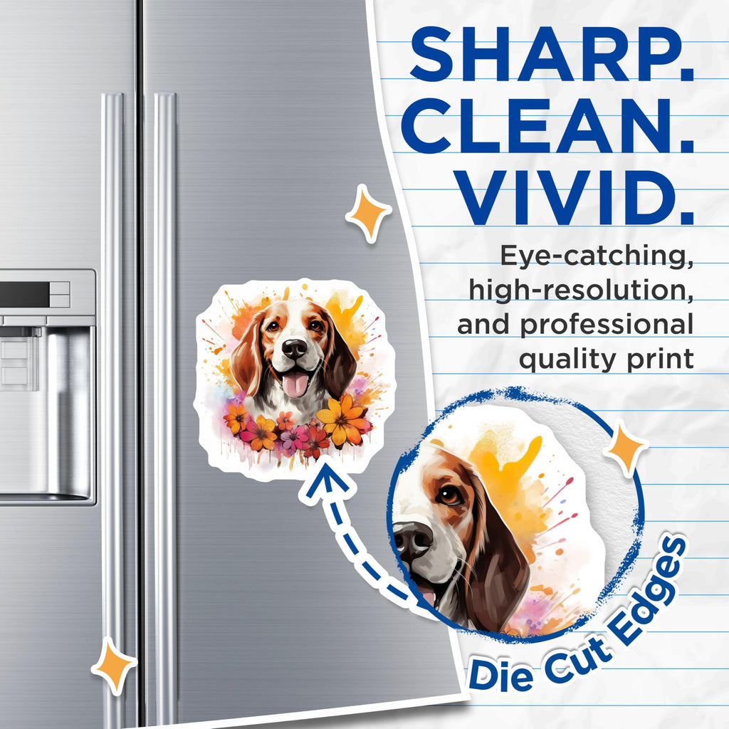 (2 Pack) Beagle Dog Magnets - Watercolor Beagle Art - Floral Pet Lover Design - Dog Mom Delight - 5 Inches On Longest Side - Thick Durable Magnet - Made in USA - MAG27711