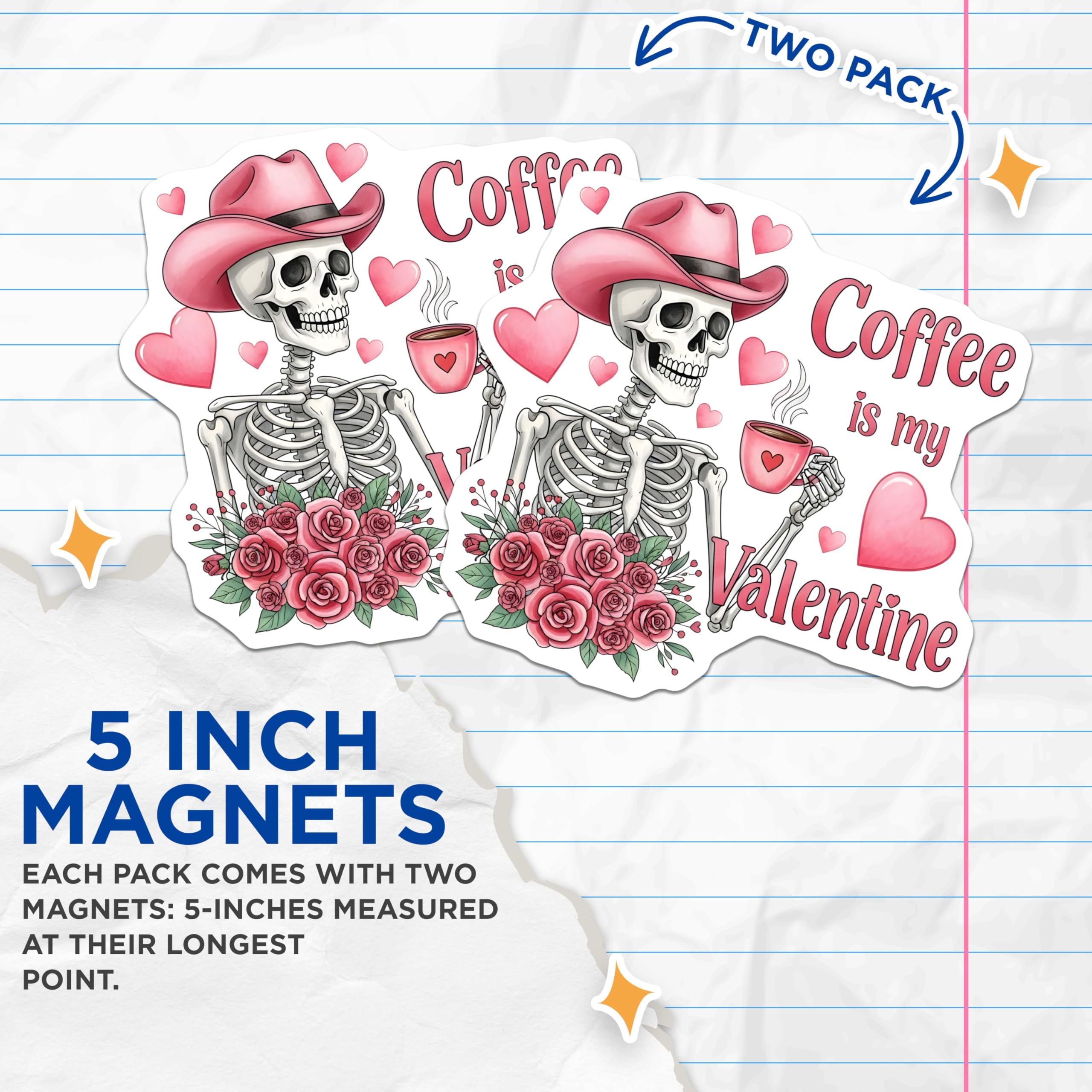 (2 Pack) Skeleton Valentine Magnets - Coffee Lover Decor - Pink Cowgirl Skeleton - Valentines Day Accents - 5 Inches On Longest Side - Thick Durable Magnet - Made in USA - MAG19237