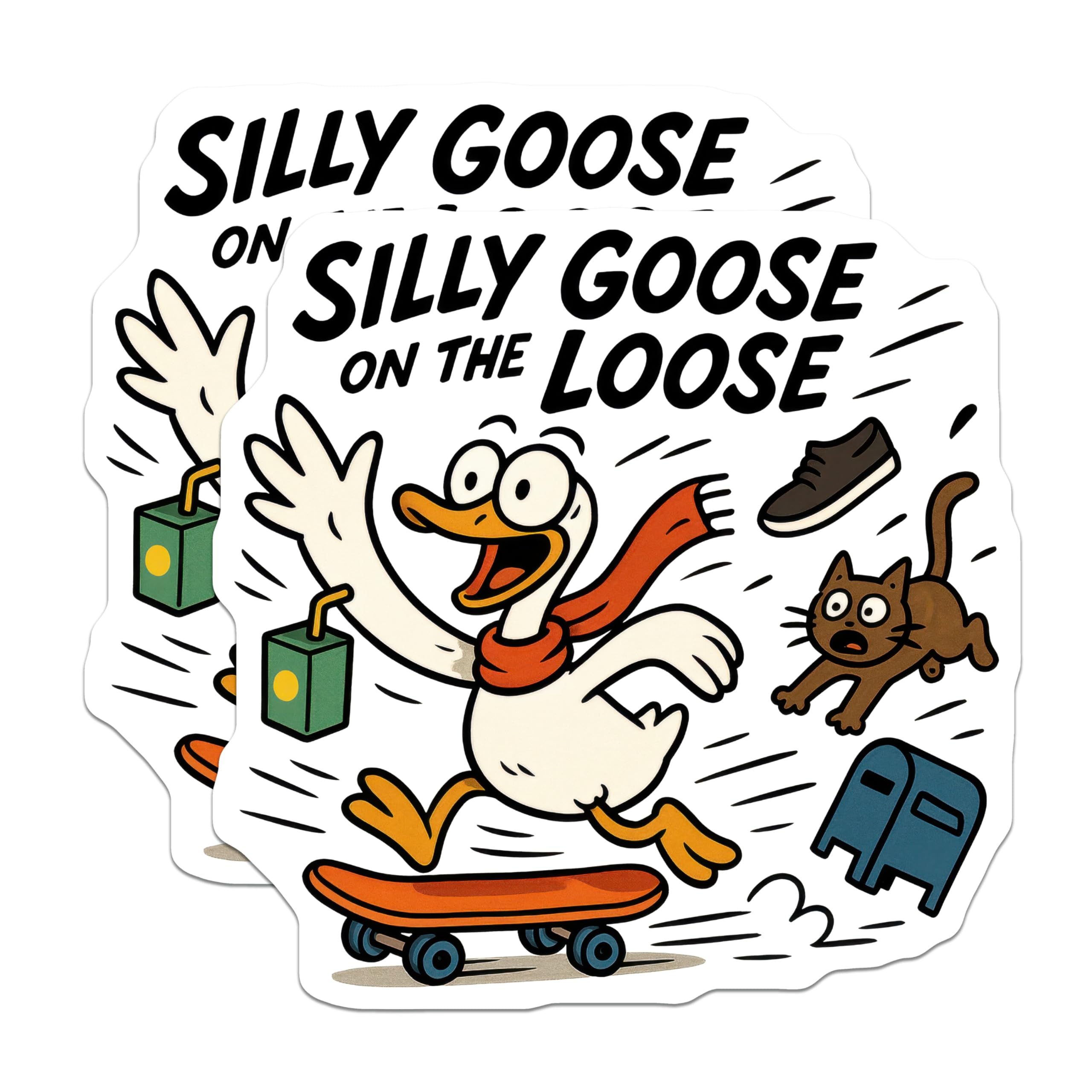 (2 Pack) Silly Goose On The Loose Magnets - Humorous Cartoon Animal Refrigerator Magnet - Skateboard Goose Cat Mailbox Scene - 5 Inches On Longest Side - Thick Durable Magnet - Made in USA - MAG22215