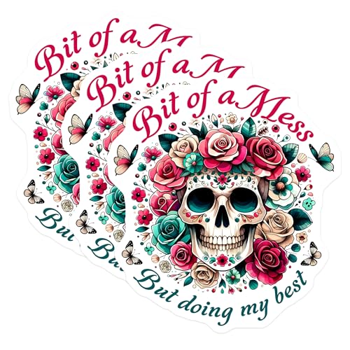 (3 Pack) Sugar Skull Decals - Floral Skull - Bit of a Mess Decals - 3 Inches On Longest Side - Easy Peel & Apply - Made in USA - 3MCS6158