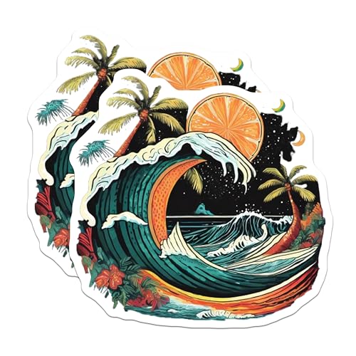 (2 Pack) Tropical Beach Wave Stickers - Summer Sunset - Surf Design - 5" On Longest Side - Sticks to Smooth Flat Surfaces - Made in USA - BMCS9256 - Artistic Beach Scene