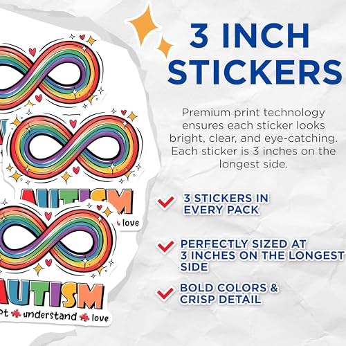 (3 Pack) Autism Awareness Decals - Rainbow Infinity Symbol - Autism Love and Acceptance - 3 Inches On Longest Side - Easy Peel & Apply - Made in USA - 3MCS8457