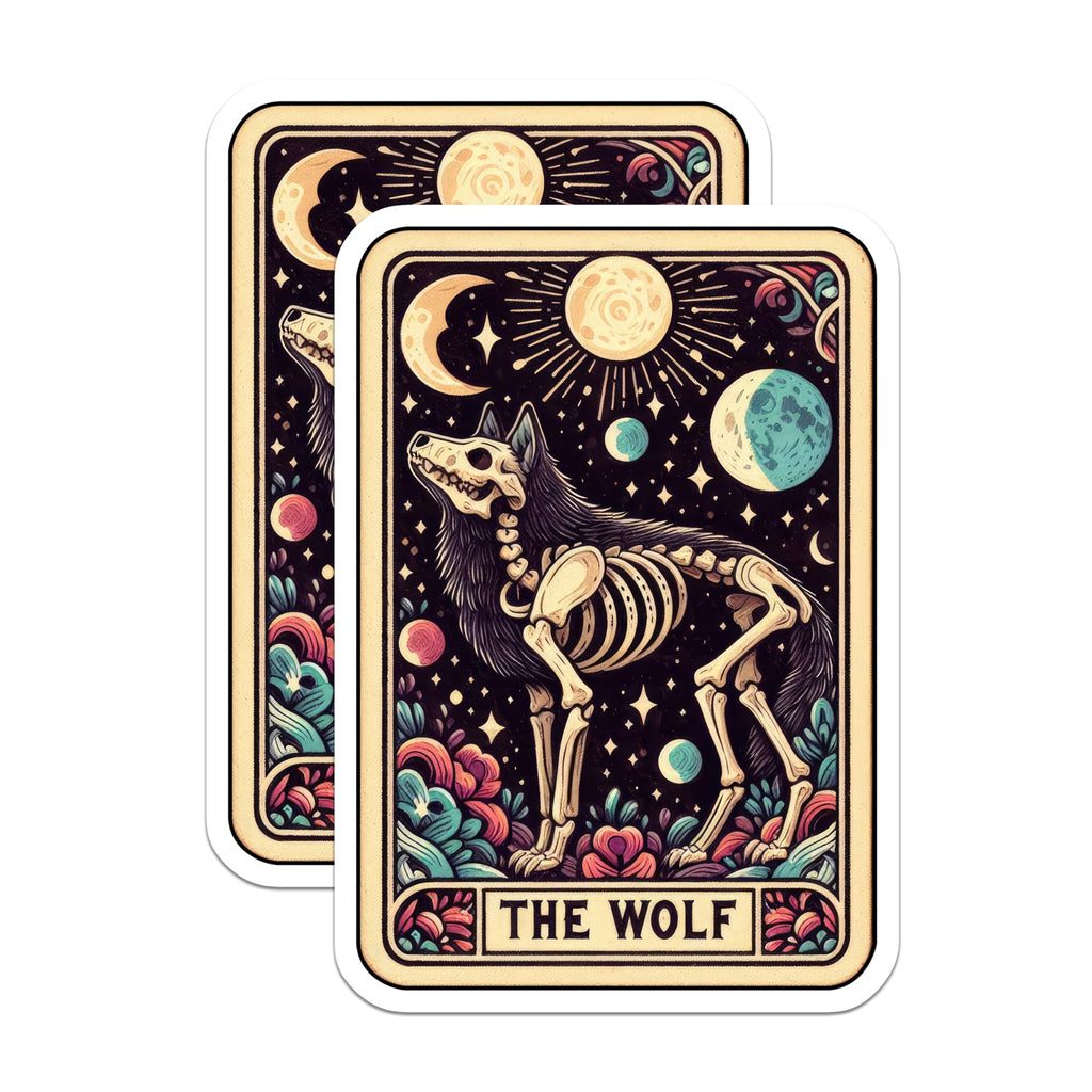 (2 Pack) Mystical Skeletal Wolf Spirit Animal Magnets - Tarot Card Style Lunar Phases - Witchy Occult Celestial Decor - 5 Inches On Longest Side - Thick Durable Magnet - Made in USA - MAG20181