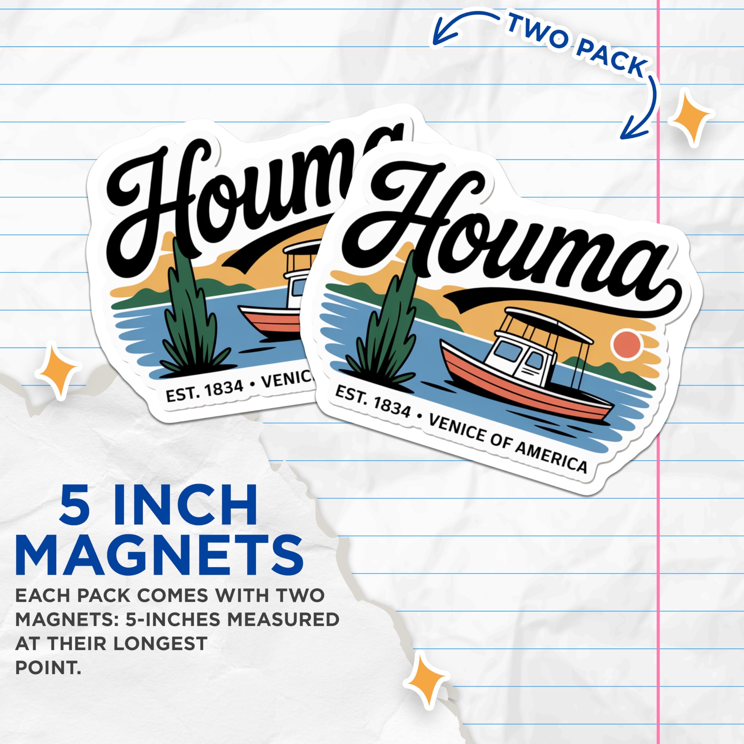 (2 Pack) Houma Louisiana Magnets - Venice of America Boat - City Souvenir Fridge Magnet - 5" On Longest Side - Premium Magnet - for Cars, Refrigerators, Toolboxes, Lockers - Made in USA - MAG17322