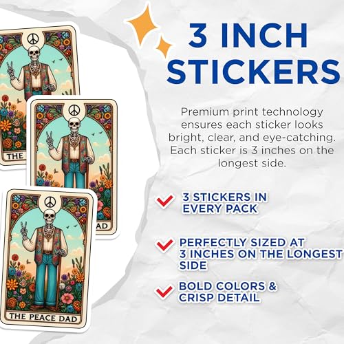 (3 Pack) Peace Dad Decals - Hippie Skeleton - Tarot Card Inspired Laptop Decals - 3 Inches On Longest Side - Easy Peel & Apply - Made in USA - 3MCS4240