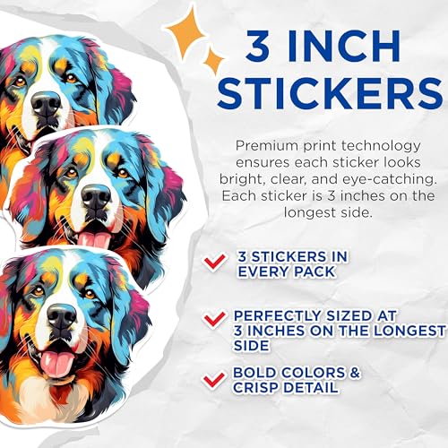 (3 Pack) Bernese Mountain Dog Decals - Colorful Dog Stickers - Laptop Decal - 3 Inches On Longest Side - Easy Peel & Apply - Made in USA - 3MCS0811