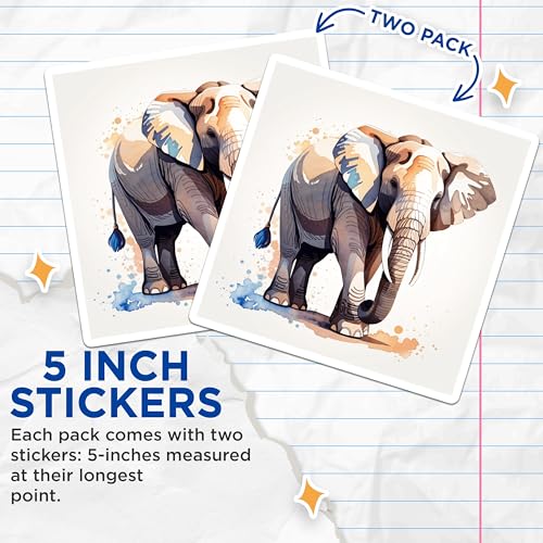 (2 Pack) Elephant Stickers - Watercolor Animal Art - Wildlife Decoration - 5" On Longest Side - Sticks to Smooth Flat Surfaces - Made in USA - BMCS8682
