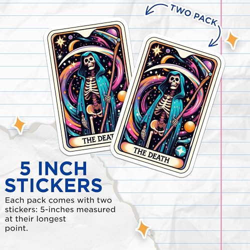 (2 Pack) Death Tarot Stickers - Tarot Card Stickers - Mystical Art Stickers - 5" On Longest Side - Sticks to Smooth Flat Surfaces - Made in USA - BMCS5384