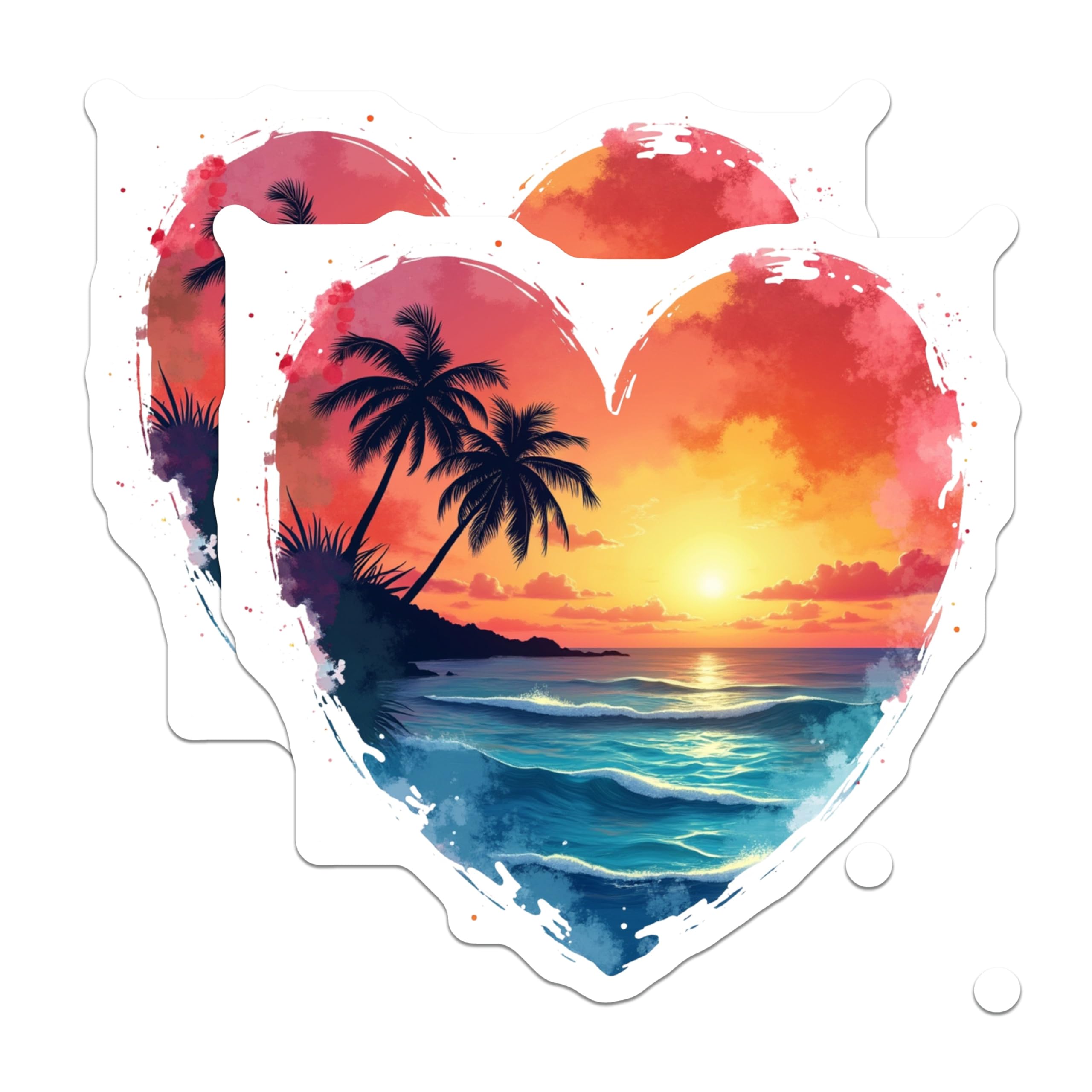 (2 Pack) Beach Sunset Magnets - Heart Shaped Tropical Ocean Scene - Palm Tree Island Artwork for Refrigerator Whiteboard - 5 Inches On Longest Side - Thick Durable Magnet - Made in USA - MAG25273